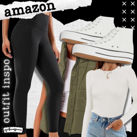 Amazon outfit inspiration, leggings, platform sneakers, high top sneakers, tennis shoes, long sleeve, puffer vest, fall fashion, fall style 

#LTKSeasonal #LTKfindsunder100 #LTKstyletip