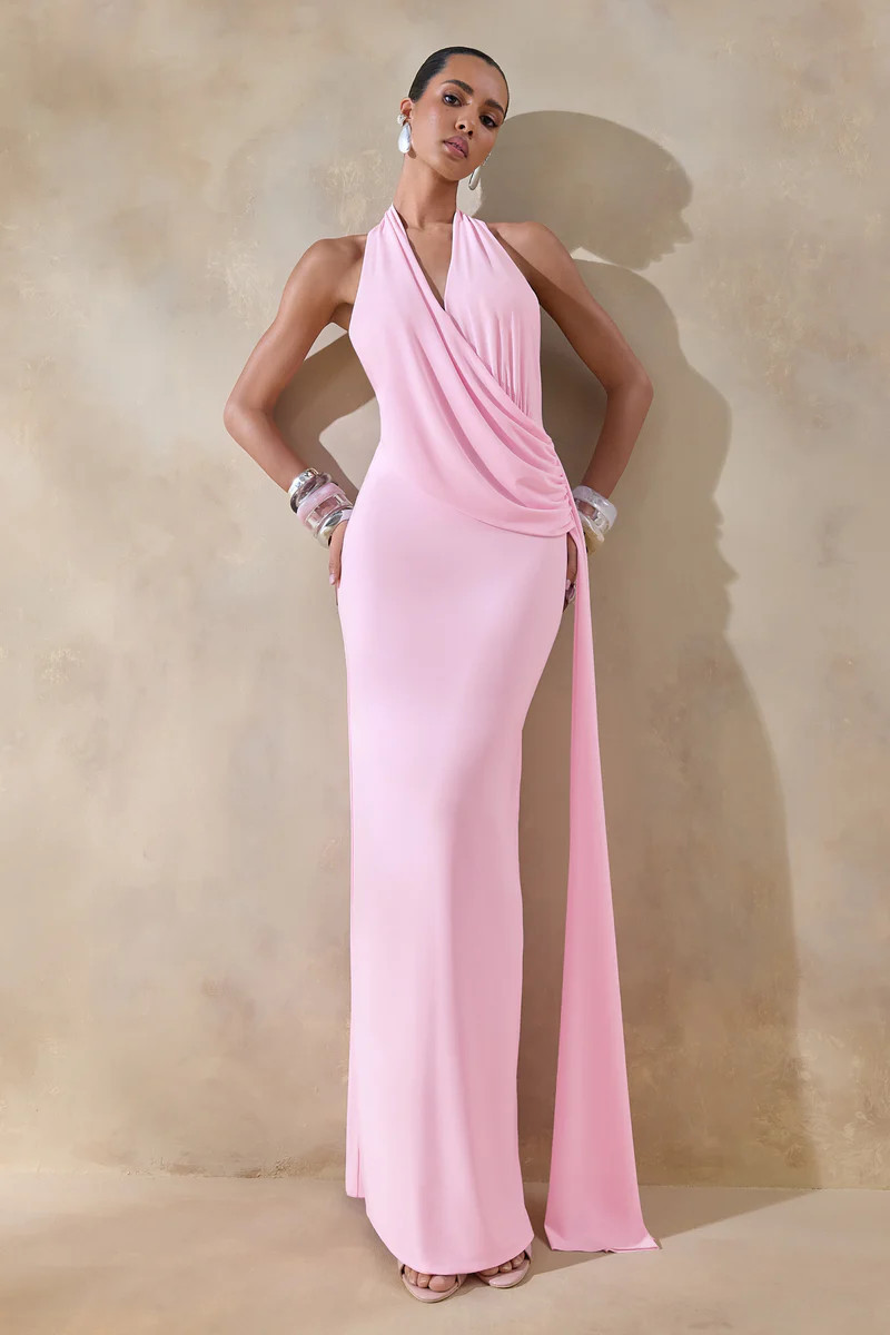 Rosina  Pink Halter-Neck Draped Maxi Dress With Sash | Club L London