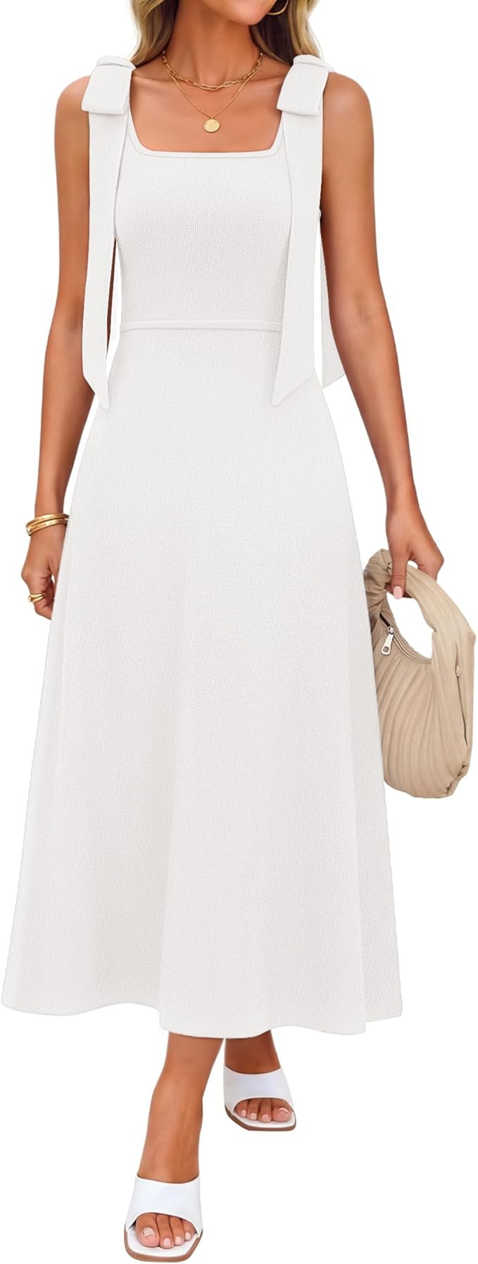 ZESICA Womens Summer Casual Sweater Midi Dress 2026 Sleeveless Square Neck Bow Straps Knit A Line... | Amazon (US)