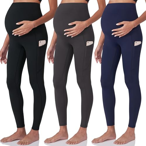 POSHDIVAH 3 Pack Black Grey Navy Blue Women's Maternity Workout Leggings Over The Belly Pregnancy Yoga Pants with Pockets Large | Amazon (US)