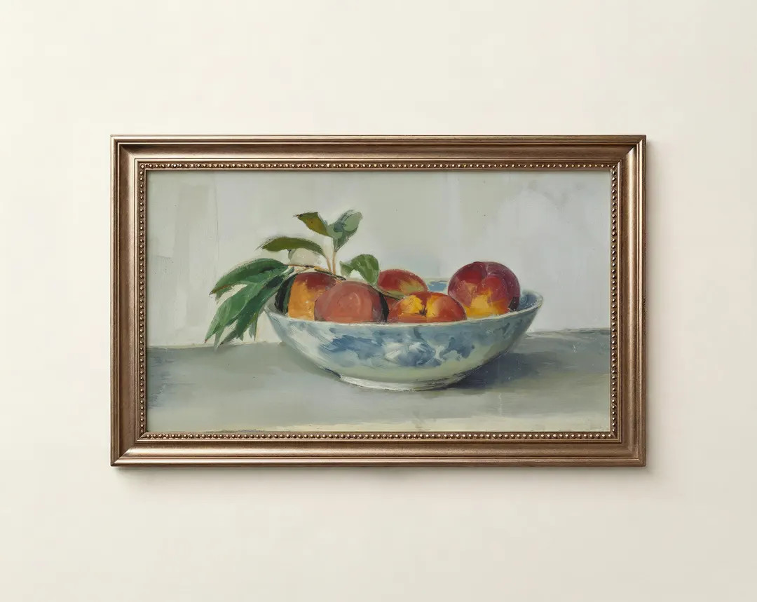 Peach Still Life Frame TV Art, Vintage Fruit Bowl Painting, Summer Kitchen Screensaver | Etsy (US)