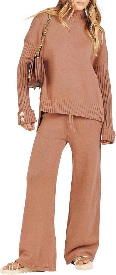 ANRABESS Women's 2 Piece Outfit Sweater Lounge Sets Long Sleeve Knit Pullover Wide Leg Pant Track... | Amazon (US)