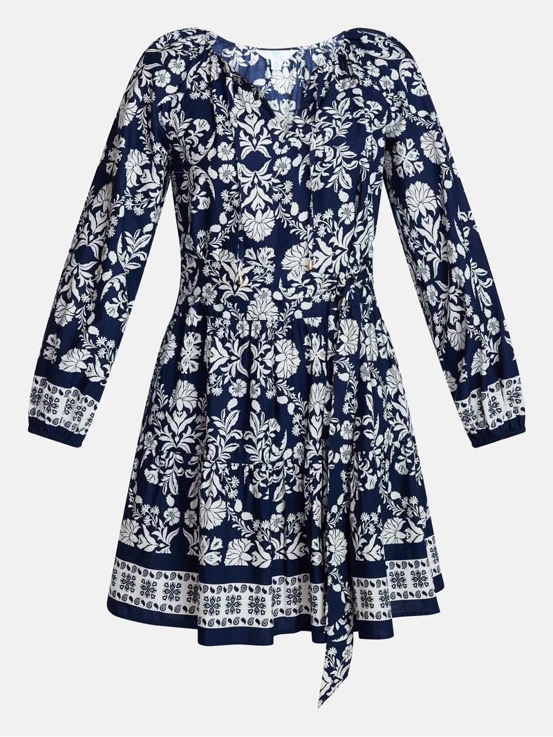 Time and Tru Women's and Women’s Plus Tie Neck Mini Peasant Dress, Sizes XS – 4X | Walmart (US)