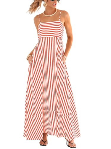 CUPSHE Womens Summer Maxi Dress Casual Sleeveless Square Neck Striped Beach Long Dress with Pockets Coral, XL | Amazon (US)