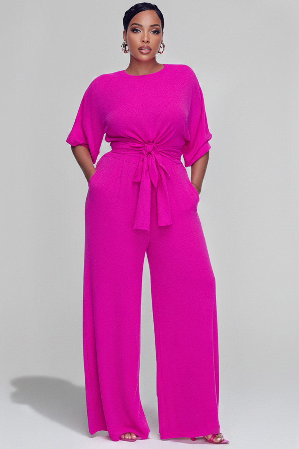Xpluswear Design Plus Size Daily Casual Hot Pink Round Neck Short Sleeve Pocket Fold Two Piece Pa... | Xpluswear