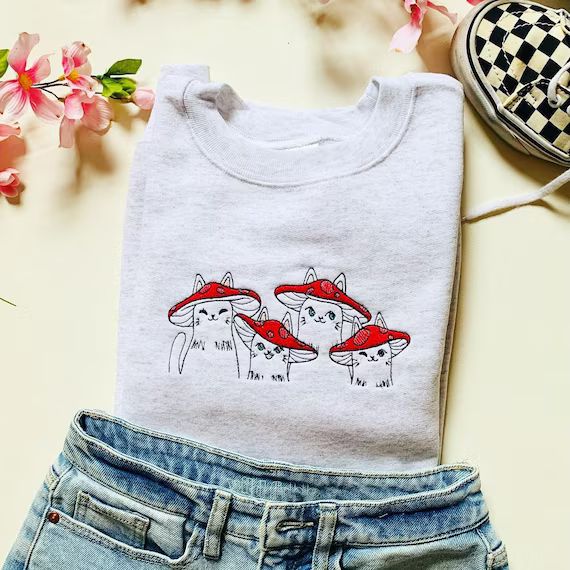Mushroom Cats Embroidered Crewneck Sweatshirt | Gift for Cat Lovers | Mushroom Sweatshirt | Cat C... | Etsy (US)