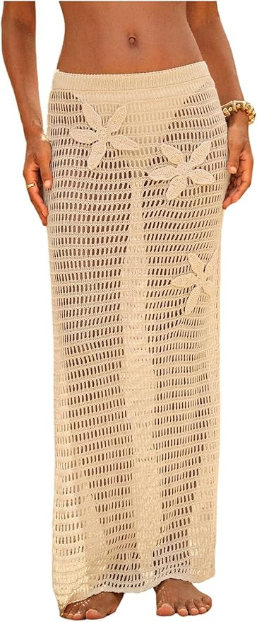 MakeMeChic Women's Crochet Cover Up Long Skirt 3D Floral Split Hollow Out Beach Summer Swimwear | Amazon (US)