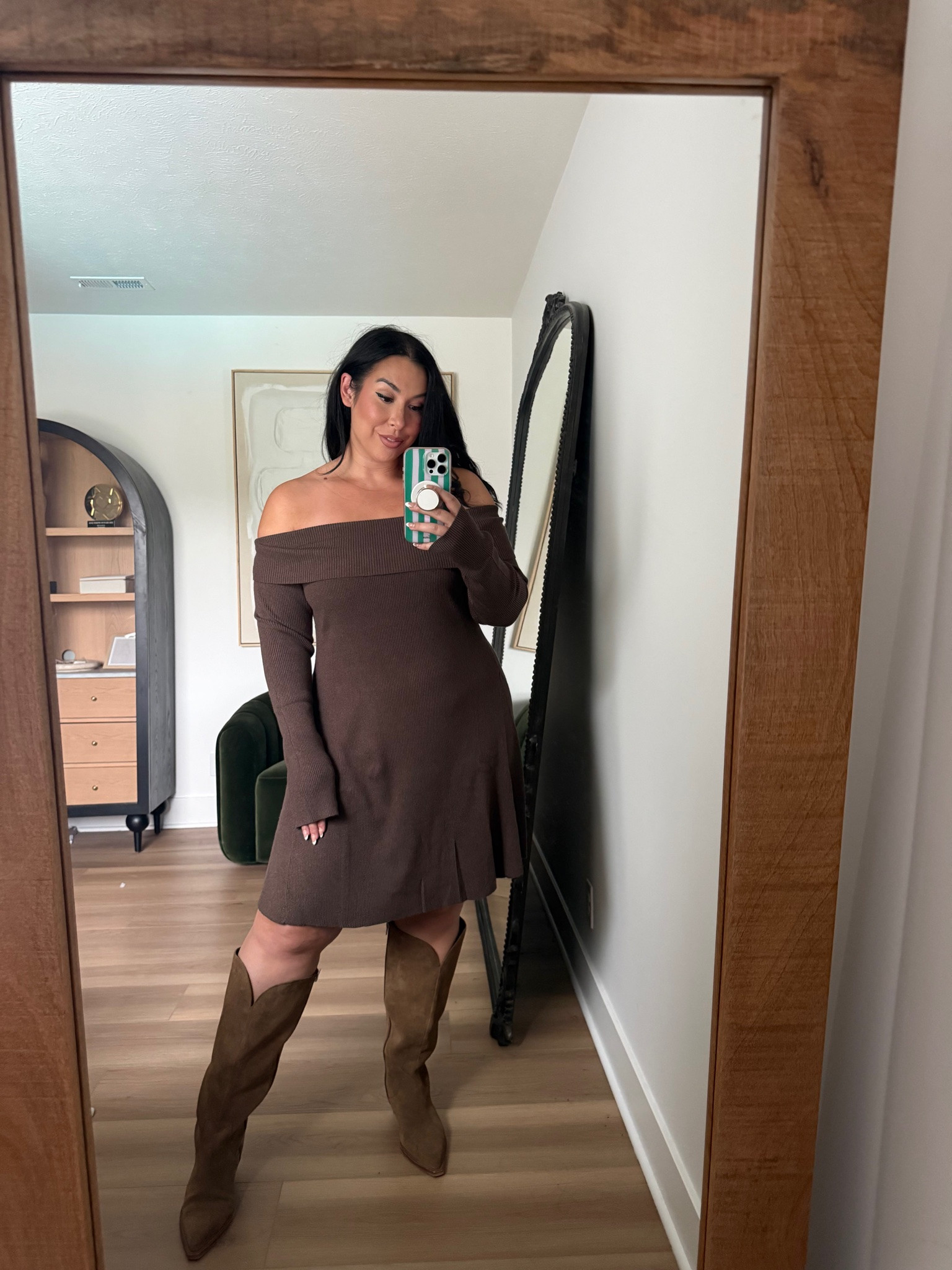 A brown sweater dress is a yes for fall! So soft and the length is perfect! Wearing a large! ae, american eagle, fall style, fall fashion, midsize, curvy 

 #LTKSeasonal #LTKMidsize