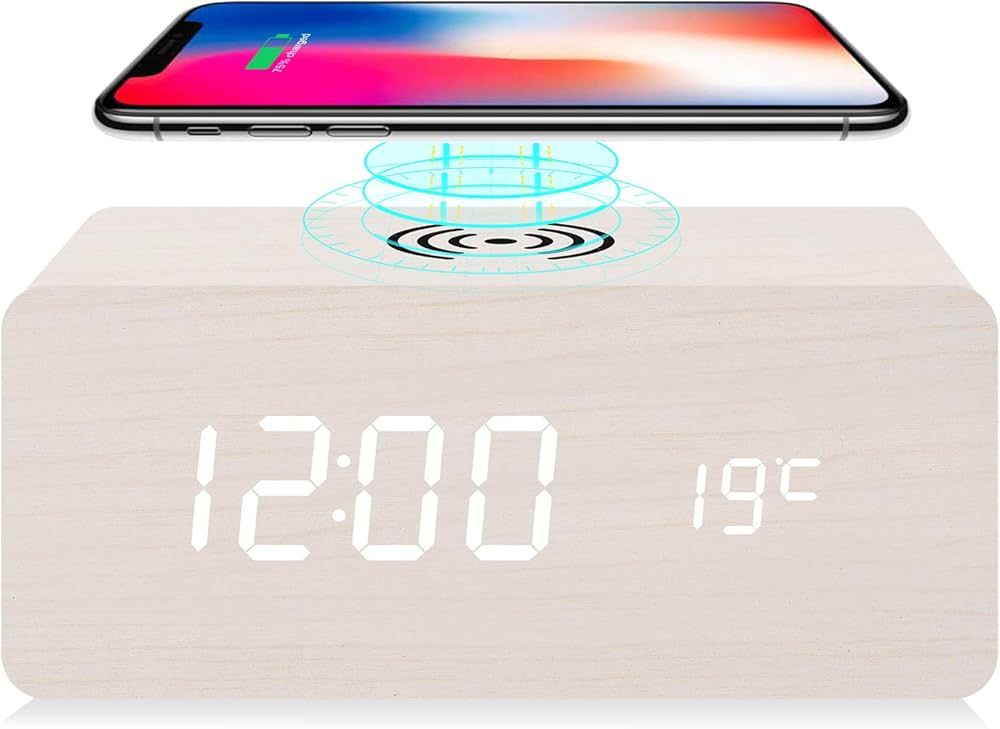 fomobest Wooden Alarm Clock with Wireless Charging for iPhone Samsung, Wood Digital LED Desk Cloc... | Amazon (CA)