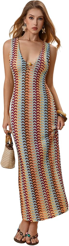GORGLITTER Women's Boho Color Block Crochet Maxi Dress Summer Vacation Beach Peasant Bodycon Tank... | Amazon (US)