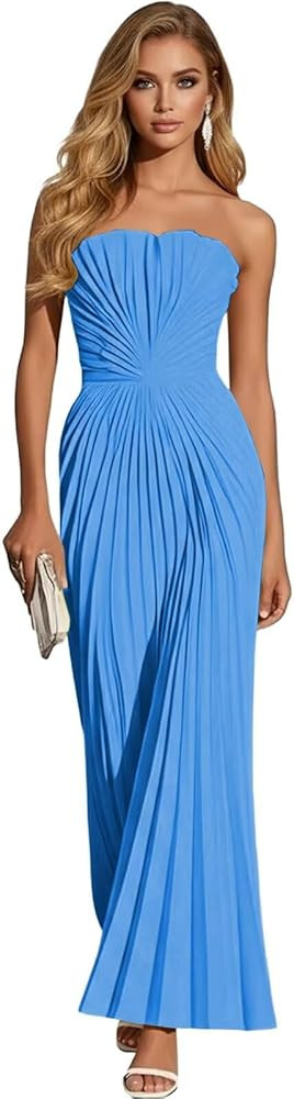 Women's Strapless Pleated Bridesmaid Dress Elegant Sweetheart Neck Formal Prom Gown for Wedding G... | Amazon (US)