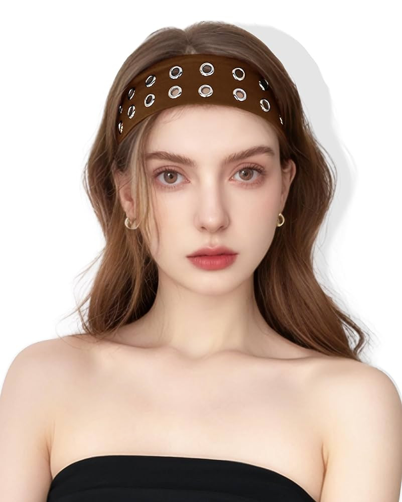Grommet Headband for Women, Brown Hollow Out Elastic Hair Band, Wide Eyelets Punk Grunge Stylish ... | Amazon (US)