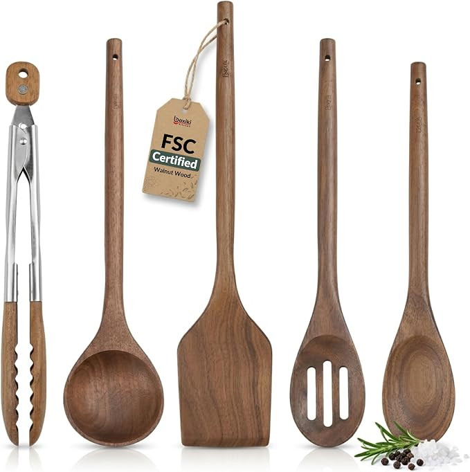 Elegant 5-Piece Walnut Wood Kitchen Utensil Set – Non-Scratch, Heat-Resistant Cooking Utensil S... | Amazon (US)
