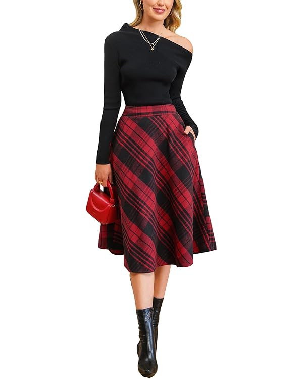 CUPSHE Skirts Woven Pockets Flared Midi Skirt Gingham High Waist Skirts Casual Modern | Amazon (US)