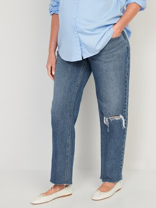 Maternity Full Panel Slouchy Straight Ripped Cut-Off Jeans | Old Navy (US)
