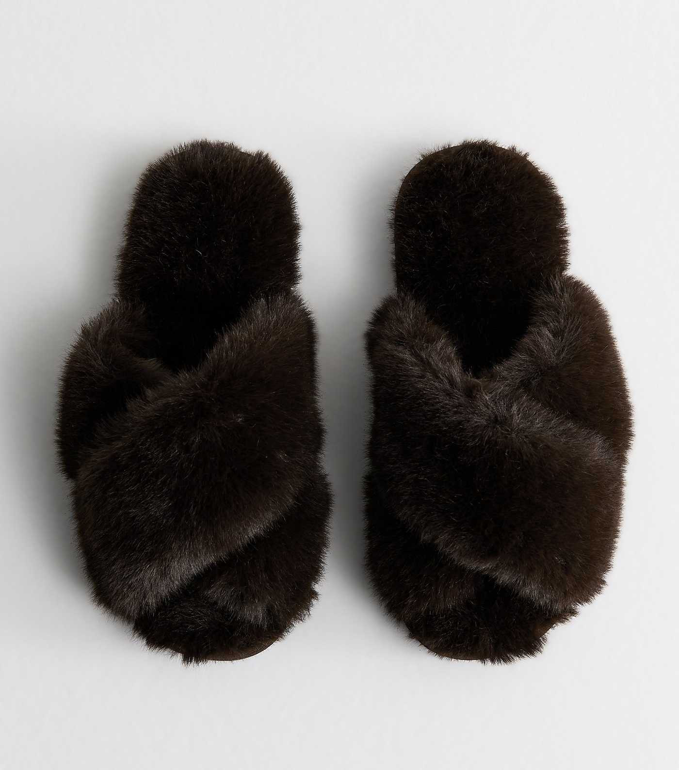 Brown Faux Fur Cross Slippers | New Look | New Look (UK)