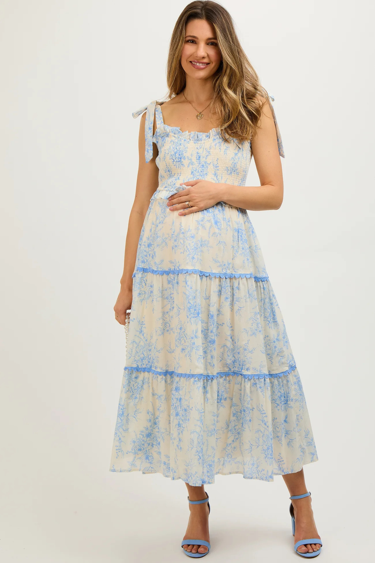 Light Blue Floral Sleeveless Ruffle Tiered Maternity Midi Dress | PinkBlush Maternity