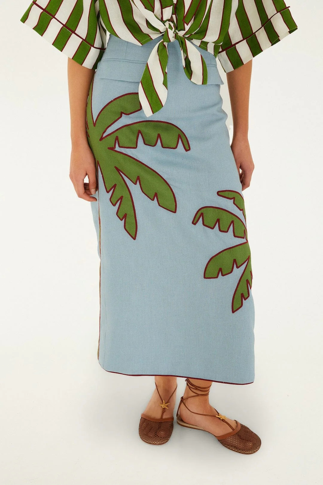 Blue Embroidered Palm Tree Euroflax Premium Linen Maxi Skirt | FARM Rio | FarmRio (US)