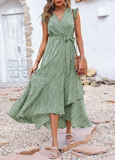 BTFBM Women's Summer Dresses Ruffle Cap Sleeveless V Neck Boho Floral Print Wrap Side Split Long ... | Amazon (US)