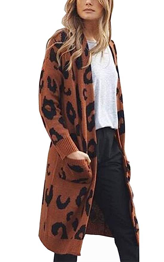 Womens Sweaters Fashion Leopard Print Open Front Cardigan Outwear with Pockets | Amazon (US)