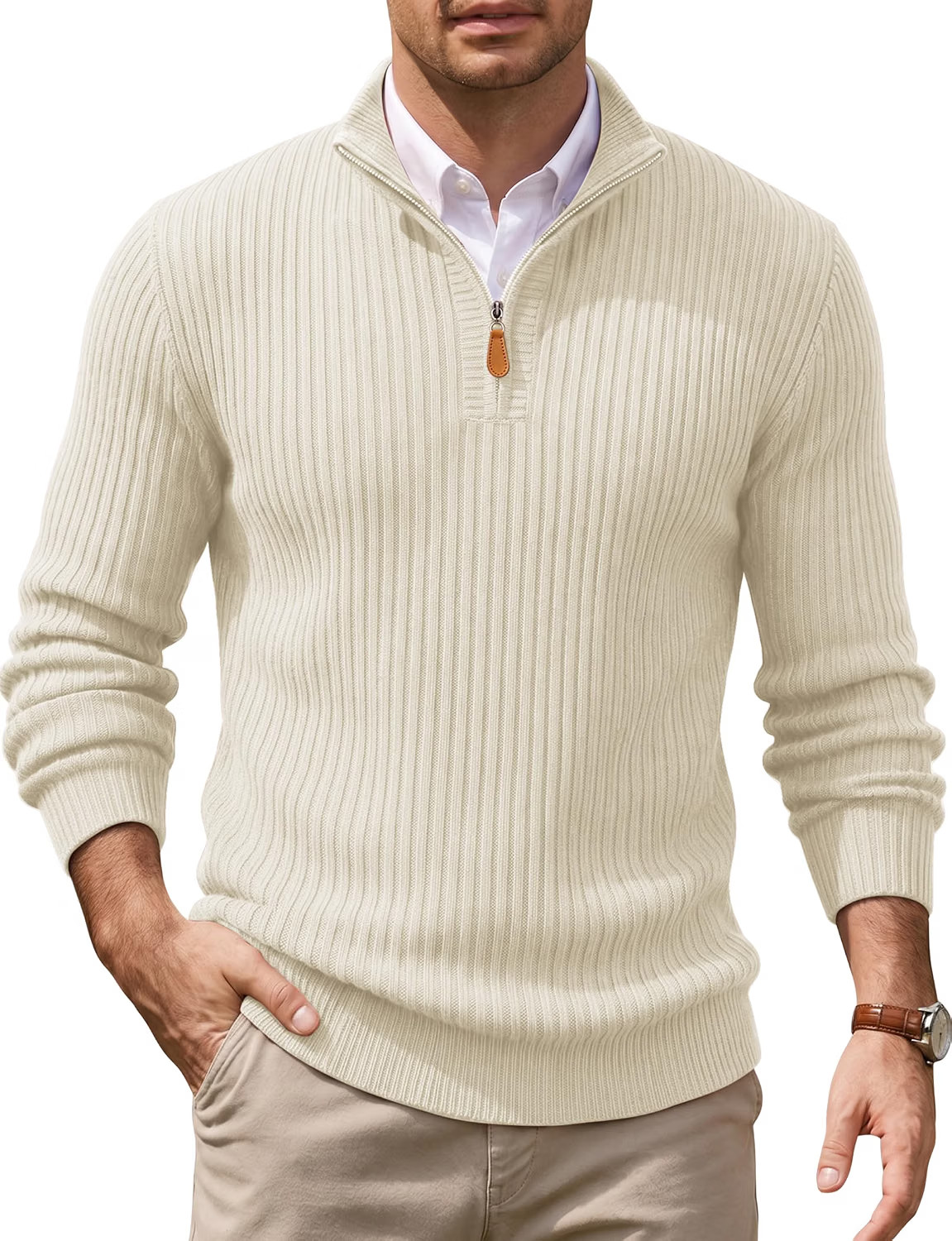 COOFANDY Mens Quarter Zip Pullover Sweater Knit Texture Mock Neck Sweater | Amazon (US)