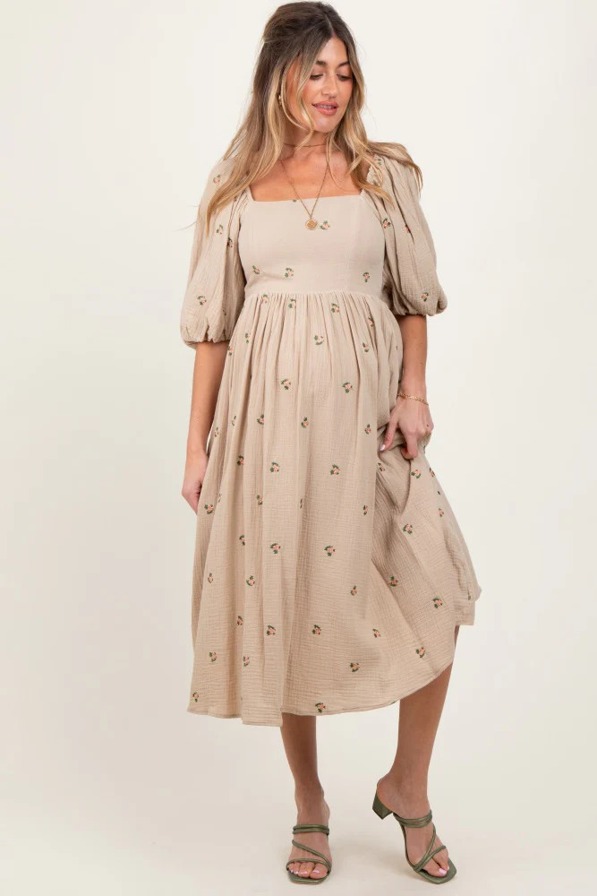 Taupe Floral Maternity Midi Dress | PinkBlush Maternity