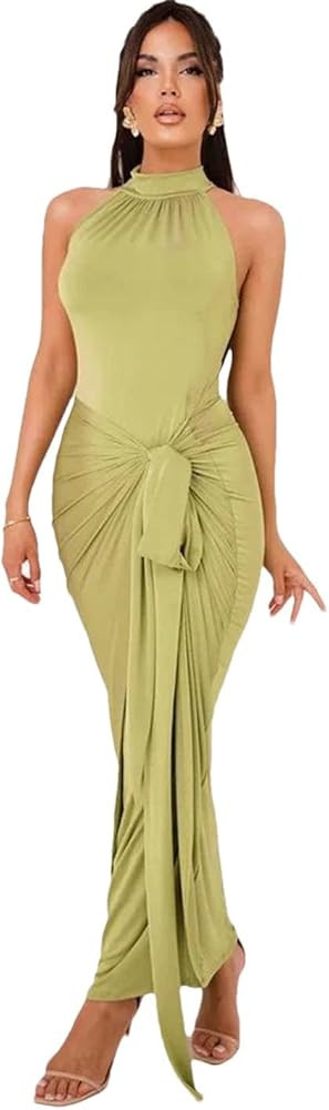 Generic Women Summer Collar Front Draping Detail Sleeveless Bodycon Club Party Sexy Long Dress | Amazon (US)