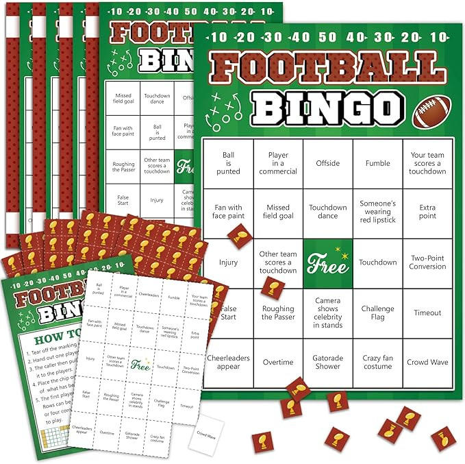 Football Bingo Game Cards - 24 Sheet, Party Favors for Super Bowl, Tailgate, Birthday Party, Fami... | Amazon (US)