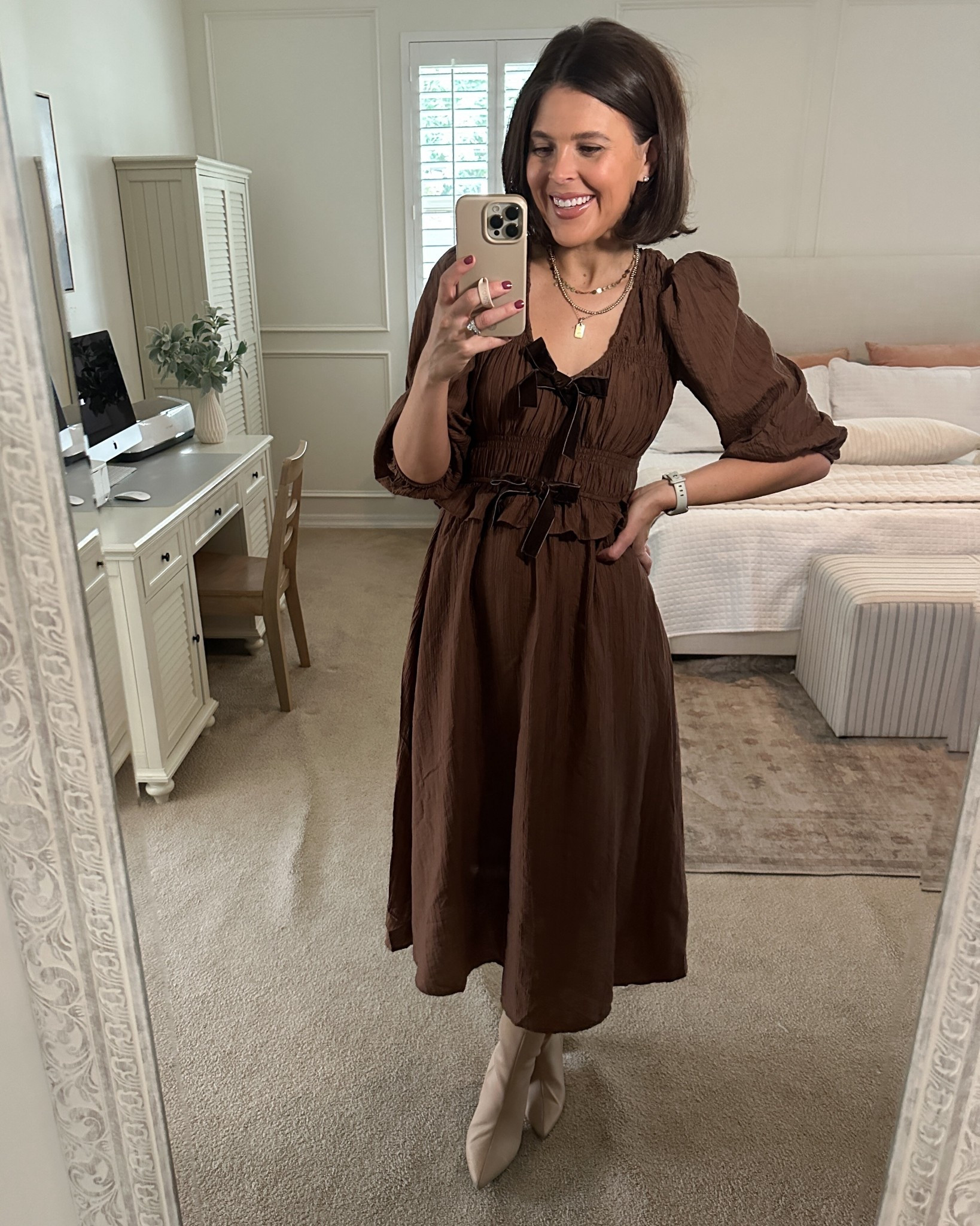 Fall Family Photos Dress 2025 August Sky Three Quarter Sleeve Midi Dress Bows Front Ruched Midi Dress  

#LTKFamily #LTKFindsUnder100 #LTKFindsUnder50