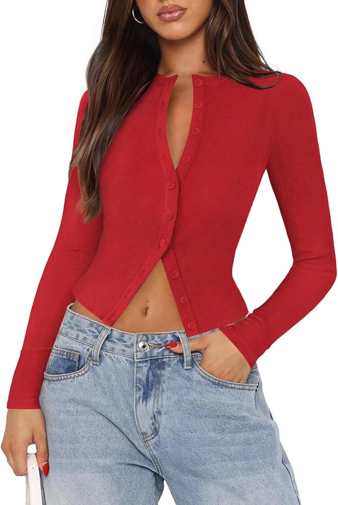 Womens Ribbed Button Down Long Sleeve Top Knit Button Up Fitted Cardigans Cropped Cute Fall Going... | Amazon (US)