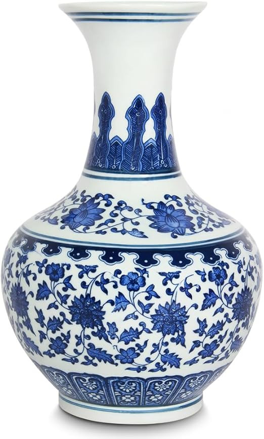 Blue and White Vase, Beautiful Chinoiserie Vase, 10.5" H Large Ginger Jar Porcelain, Chinoiserie ... | Amazon (US)