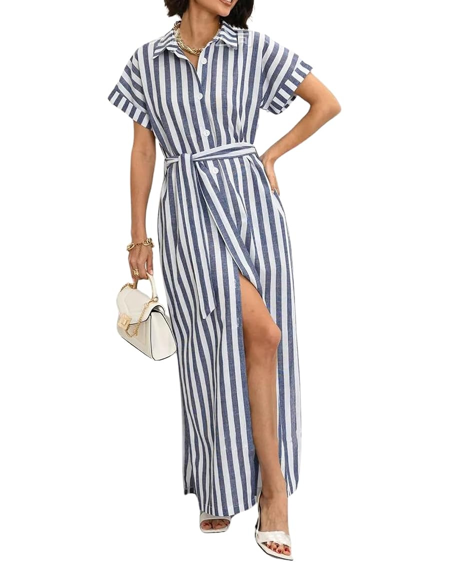 Women's Trendy Wide Striped Dress Button Up Short Sleeve Side Split Cotton Maxi Shirt Dresses wit... | Amazon (US)