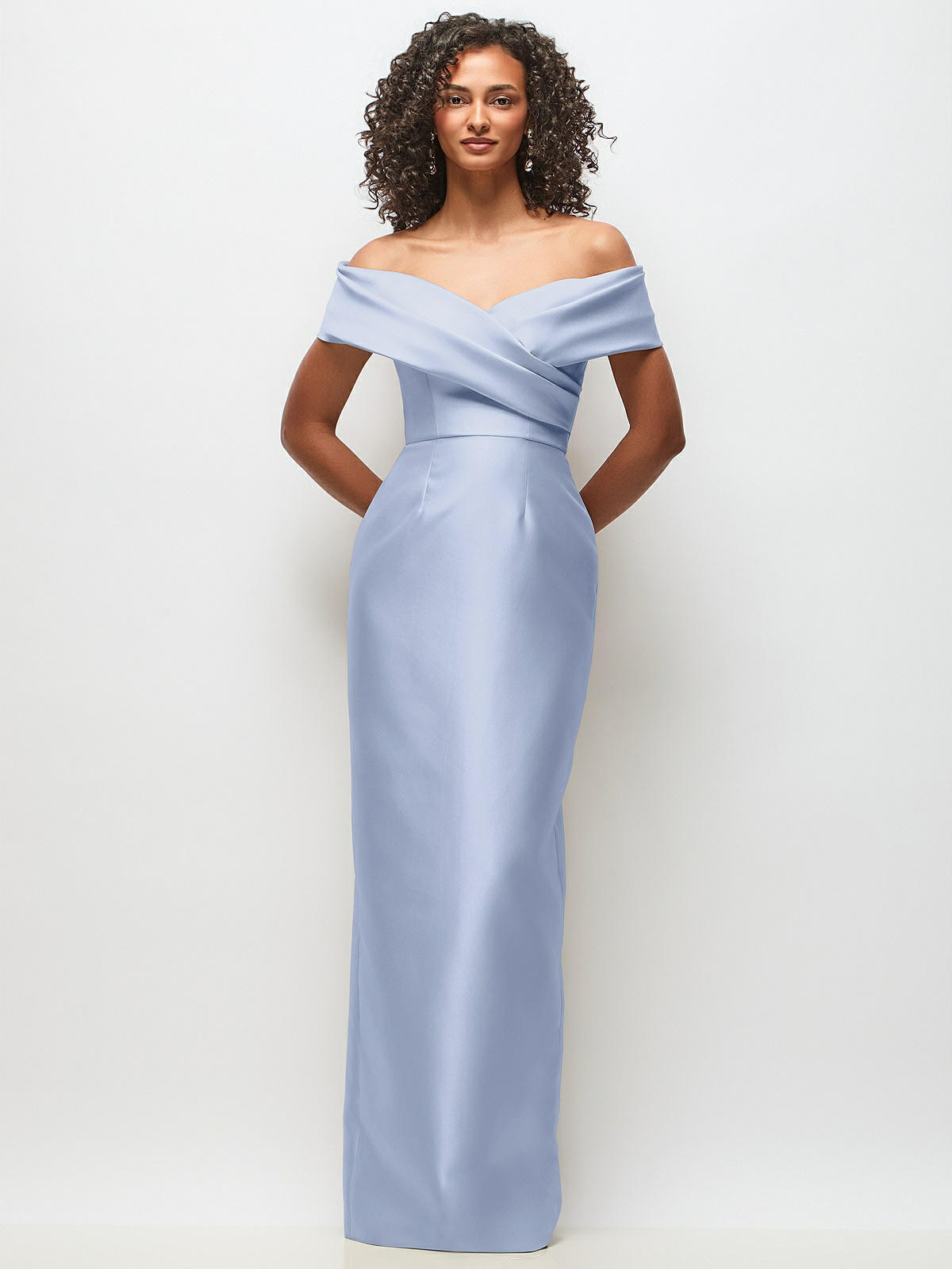 Draped Wrap Off-the-Shoulder Satin Column Floral Maxi Dress in Sky Blue | Dessy Group
