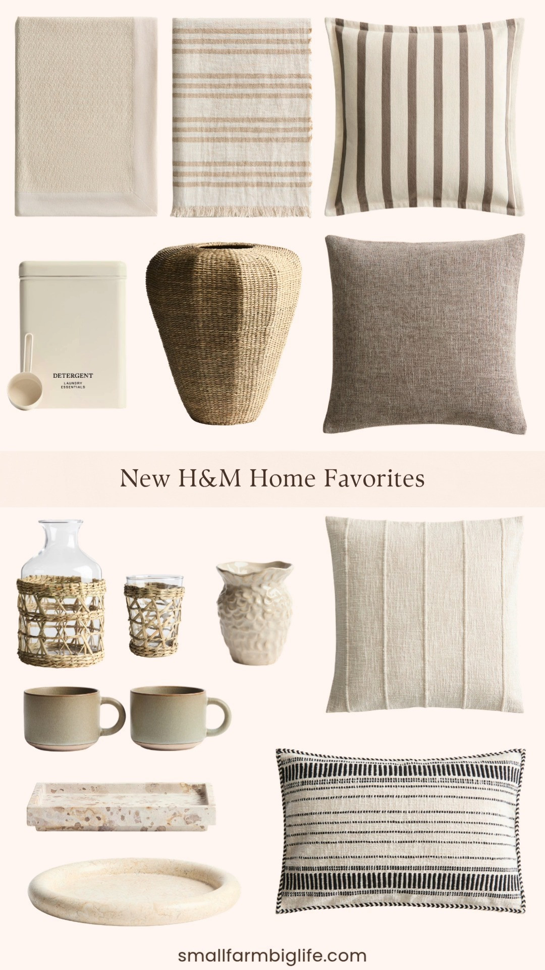 H&M Home has such a beautiful collection right now and this round up is full of the kind of neutral and natural pieces that make any space feel calm, collected, and intentionally styled. The seagrass cage carafe and matching beverage glass are so pretty for a dining table or bar cart, and the reactive glaze stoneware mugs and sea inspired stoneware vase add that handmade organic touch that is everywhere in home decor right now. I love the mix of striped linen and canvas cushion covers for layering on a sofa or bed, and the large marble tray and marble serving tray are such versatile styling pieces for a coffee table or kitchen counter. The large straw vase and textured cotton throw round out this collection perfectly for a warm and effortless summer home refresh. Tap to shop! 

 #LTKHome