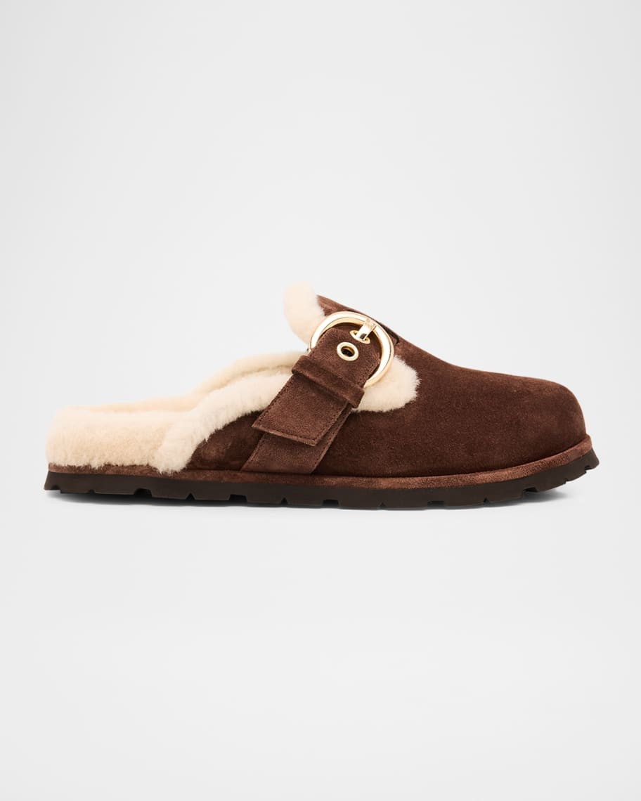 Stuart Weitzman Chrystie Shearling-Lined Suede Mules | Neiman Marcus