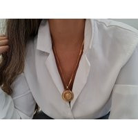 Matt Gold Coin Necklace, Link Chain Lion Medallion Chunky Large Pendant Necklace Gift For Her | Etsy (US)