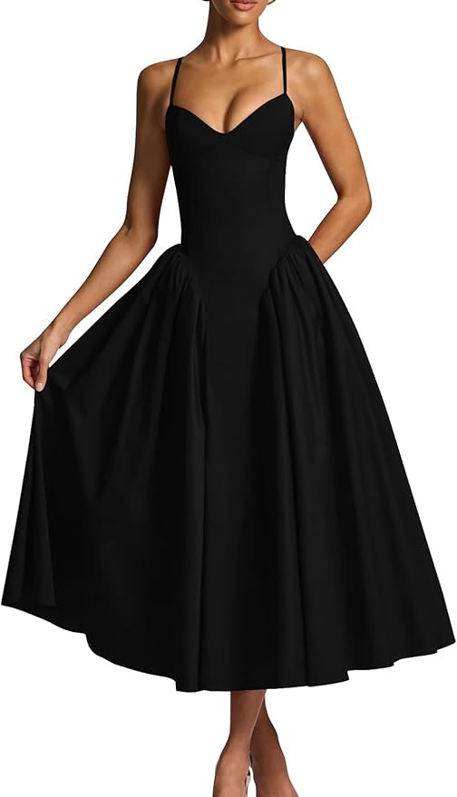 Memoriesea Women's Elegant V Neck Spaghetti Strap A Line Ruched Wedding Party Midi Dress | Amazon (US)