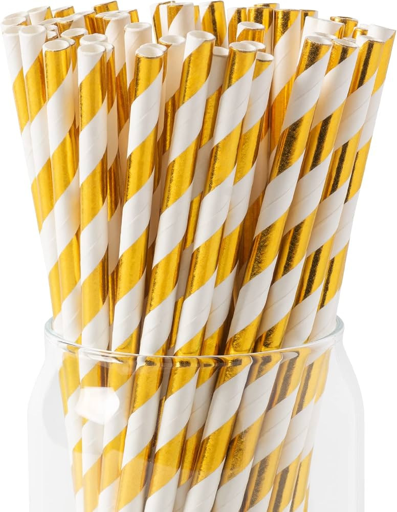 [100 Pack] Gold Paper Straws, Gold and White Striped Straws Disposable Party Straws for Cake Pops... | Amazon (US)