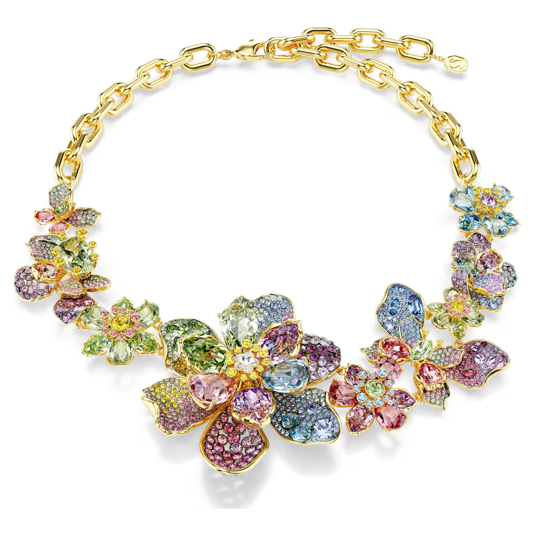Idyllia necklace, Mixed cuts, Pavé, Flower, Multicoloured, Gold-tone plated by SWAROVSKI | SWAROVSKI
