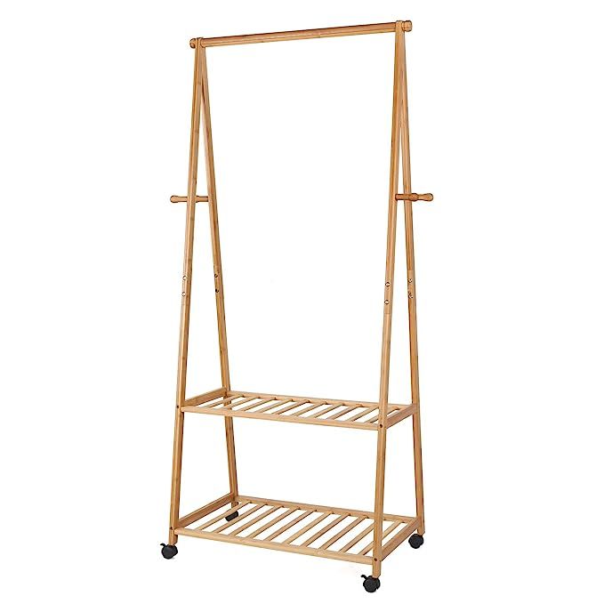 Homfa Bamboo Clothes Rack on Wheels Rolling Garment Rack with 2-Tier Storage Shelves and 4 Coat H... | Amazon (US)