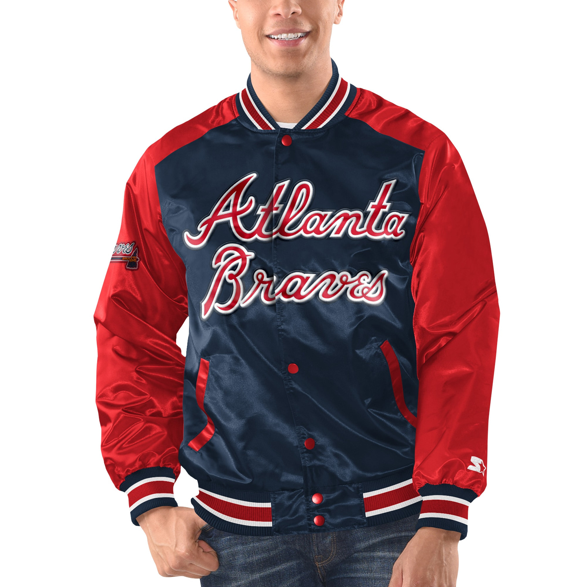 Atlanta Braves Starter Varsity Satin Full-Snap Jacket - Navy/Red | Fanatics