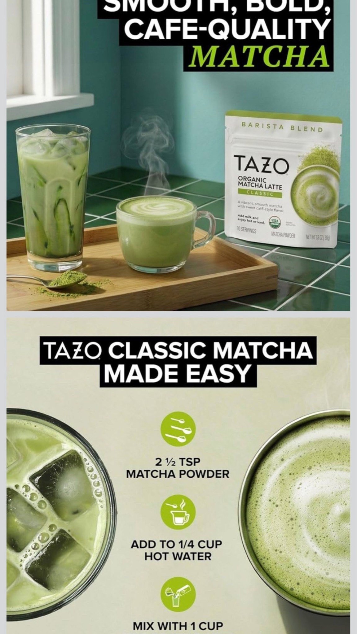 TAZO Organic Classic Matcha Latte, Barista Blend Matcha Powder, 10 Servings, Café‑Quality Matcha, Lightly Sweetened with Organic Sugar, Easy to Make, 3.5 oz Pouch (Pack of 1)

#LTKHome #LTKActive #LTKfoodie