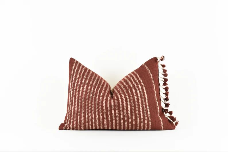 Chandler Burgandy- Burgundy Silk with Cream Stripe Pom Pillow Cover | Etsy (US)