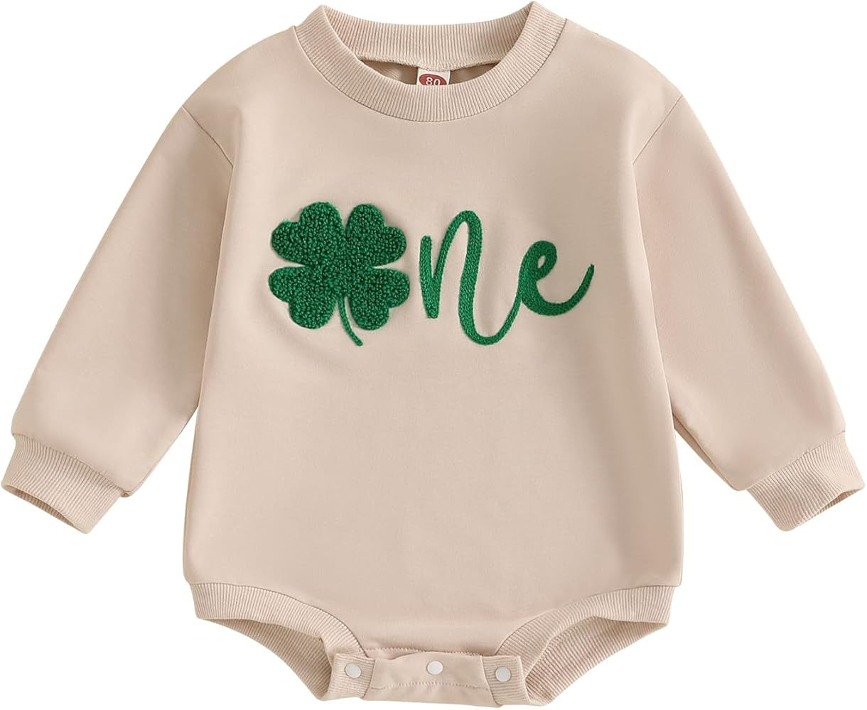 Baby Boy Girl 1st Birthday Outfit St Patricks Day Clover One Embroidery Oversized Sweatshirt Bubb... | Amazon (US)
