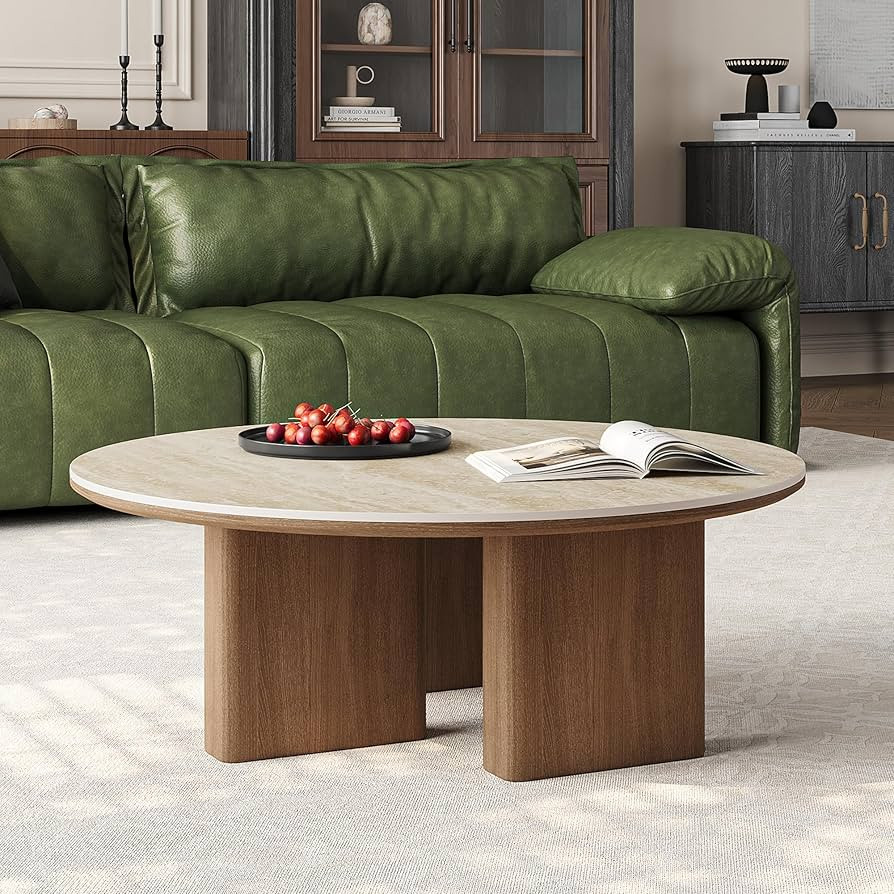Small Round Coffee Table for Living Room, 35.43" Travertine Stone Top Living Room Table with 3 Wo... | Amazon (US)