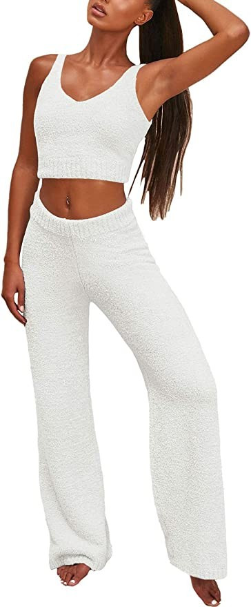 Fixmatti Women's Fuzzy 3 Piece Sweatsuit Open Front Cardigan Crop Tank Tops Wide Legs Pants Loung... | Amazon (US)