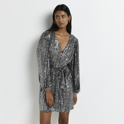 Silver sequin tie waist mini dress | River Island (UK & IE)