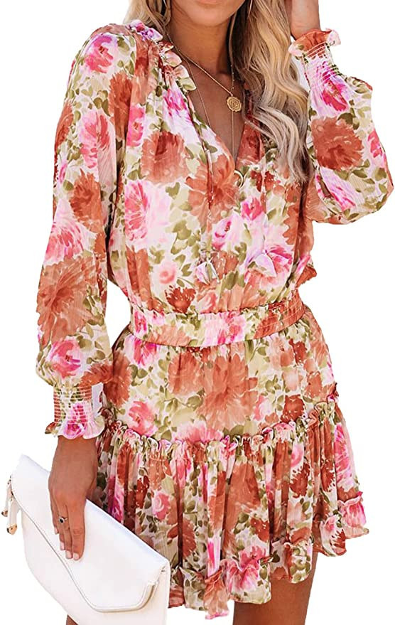 Asvivid Womens Casual Long Sleeve Smocked Ruffle Layer Tunic Dress Swing Mini Dress S-XL | Amazon (US)