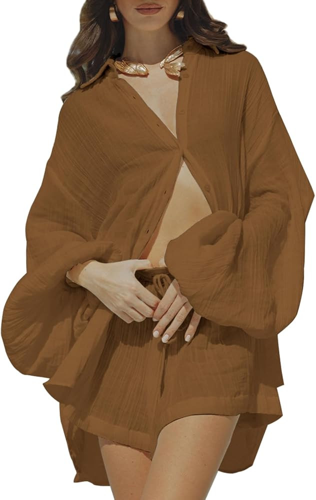 Fixmatti Women 2 Piece Outfits Summer Shorts Sets Lantern Sleeve Button Down Shirt and Shorts Swe... | Amazon (US)