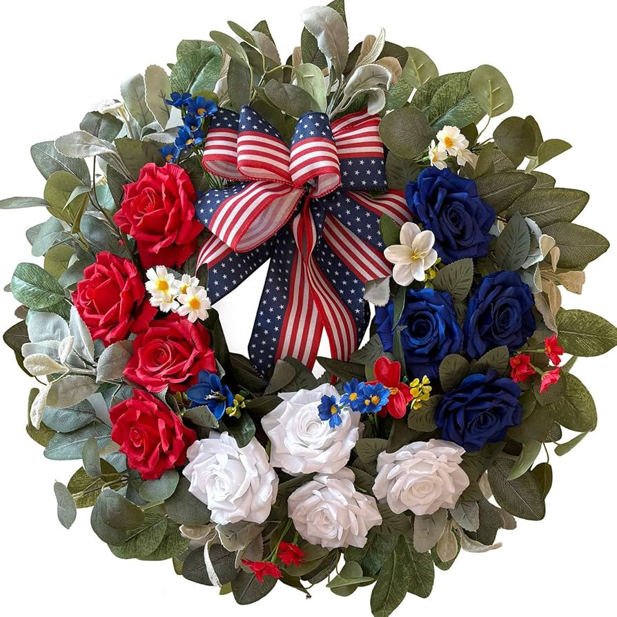WANNA-CUL 250th Year Patriotic Wreath Decorations, 24 Inch Rose 4th of July Wreaths for Front Doo... | Amazon (US)